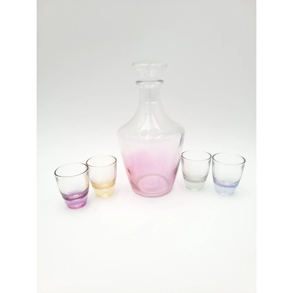 Parisienne Cordial Set Iridescent‎ Multi Color Glasses Pink Decanter France Vtg